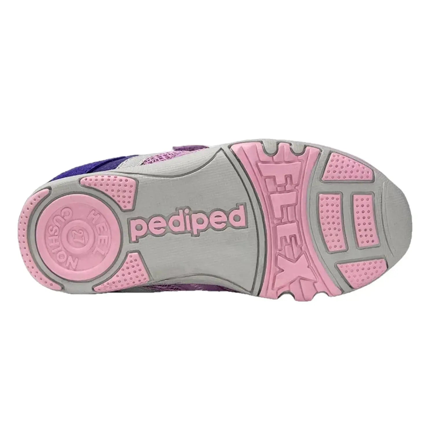 Pediped Flex® Gehrig Kids Shoes shown in Viola - sole view. Pink and silver accent colors. 