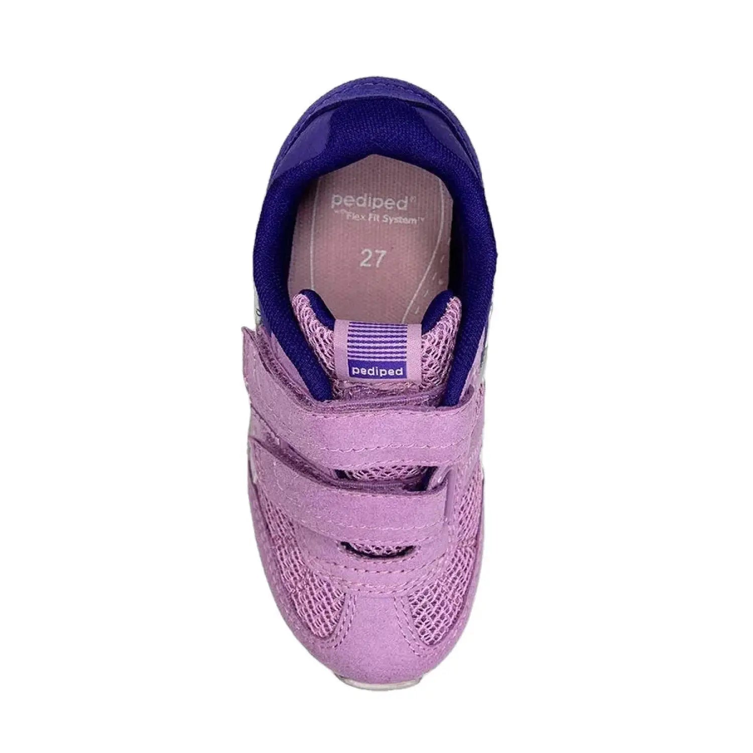 Pediped Flex® Gehrig Kids Shoes shown in Viola - s top view. Purple shoe with blue and silver accent colors. 
