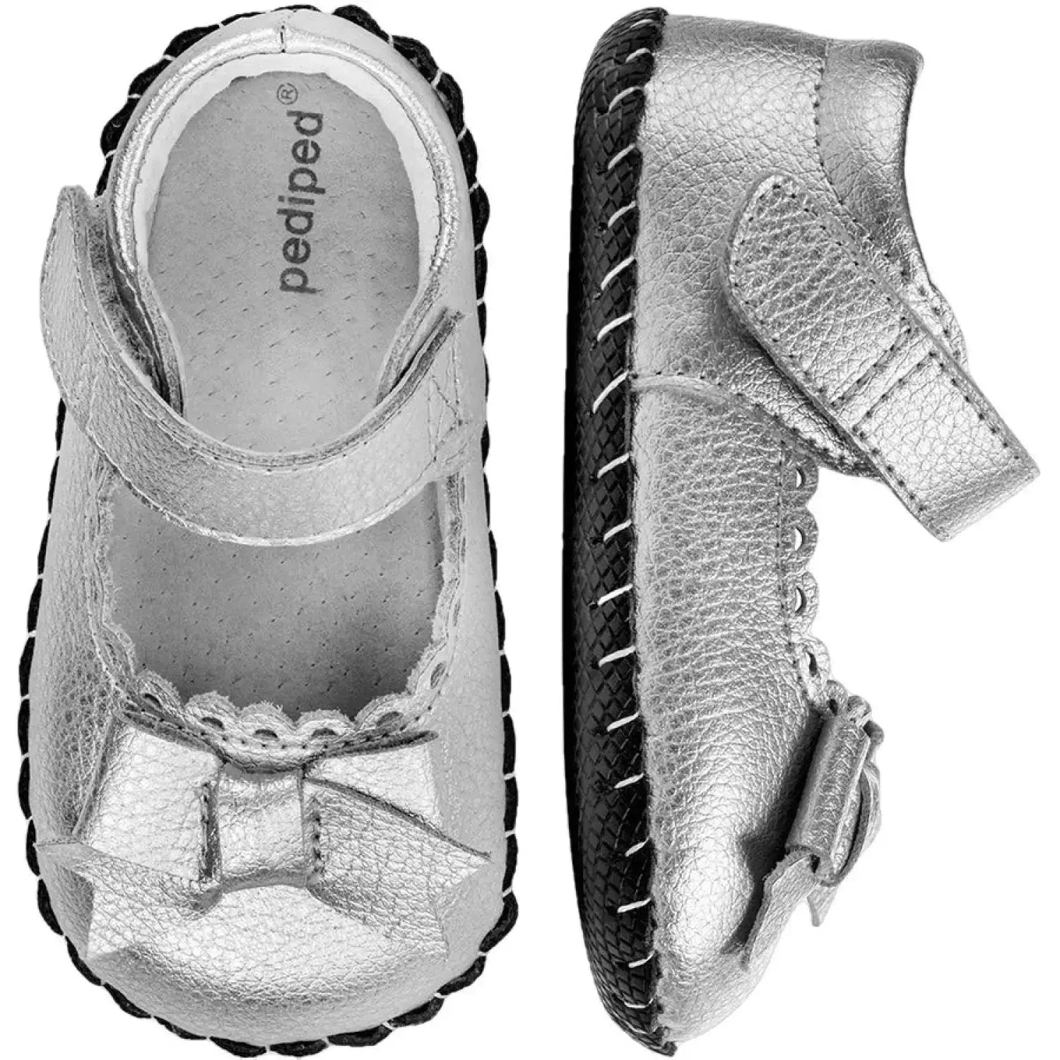 Pediped Originals® Betty Silver color, top view and side view shown.  Silver upper with bow on top, and black sole.