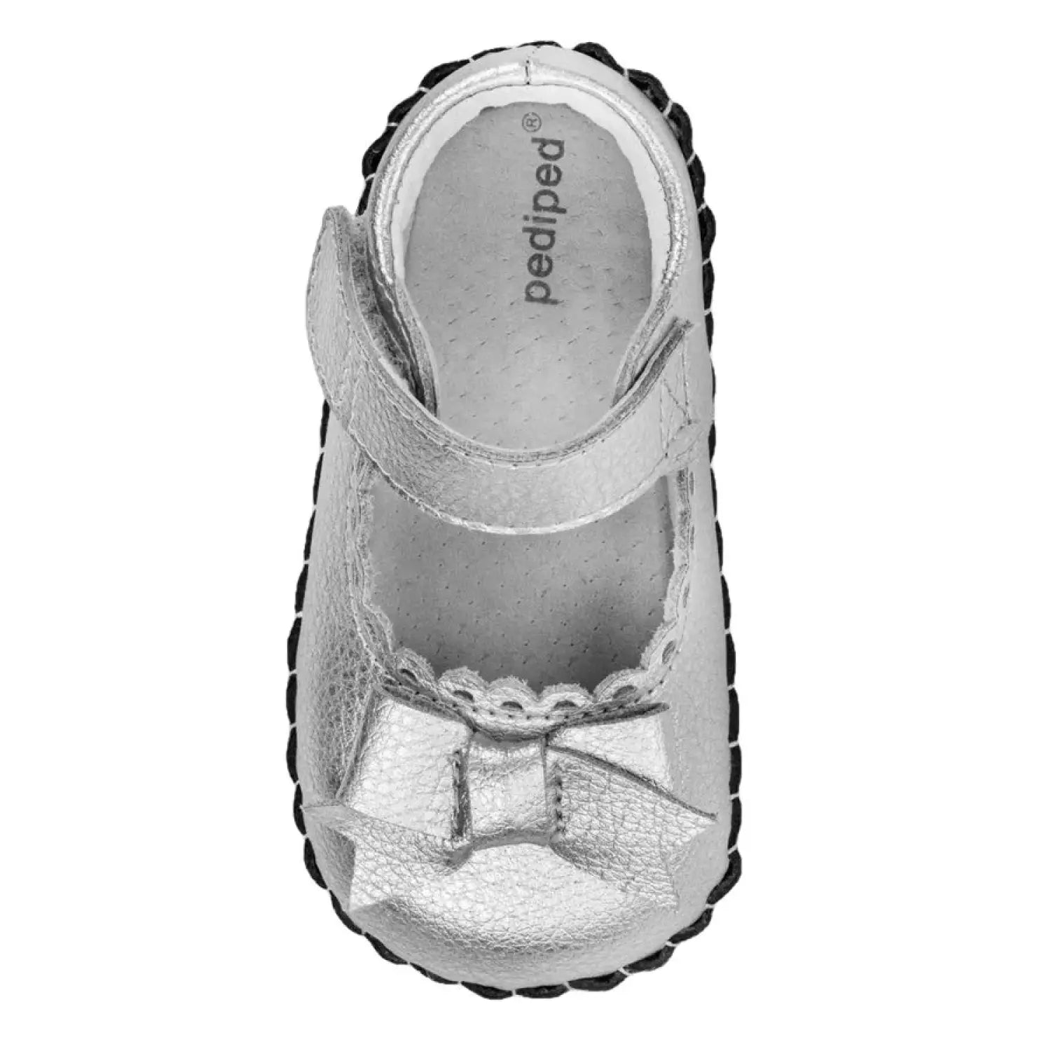 Pediped Originals® Betty Silver color, top view shown. Silver with bow on top.