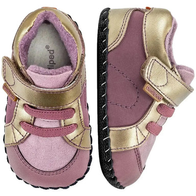 Pediped Originals® Dani Dusty Rose color, top and side view shown. Purple shoes with gold trim.