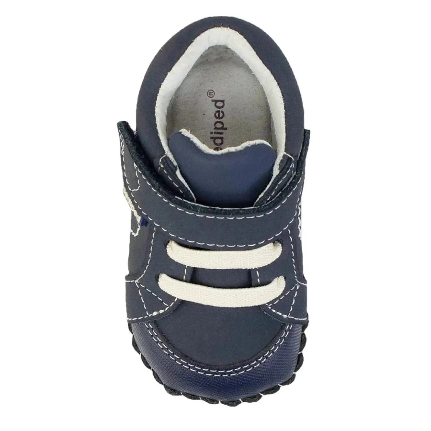 Pediped Originals® Dani Navy color, top view shown. Navy shoe with white laces.