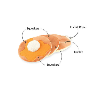 IHOP x P.L.A.Y. Pancake Pup Stack, top and side view with description