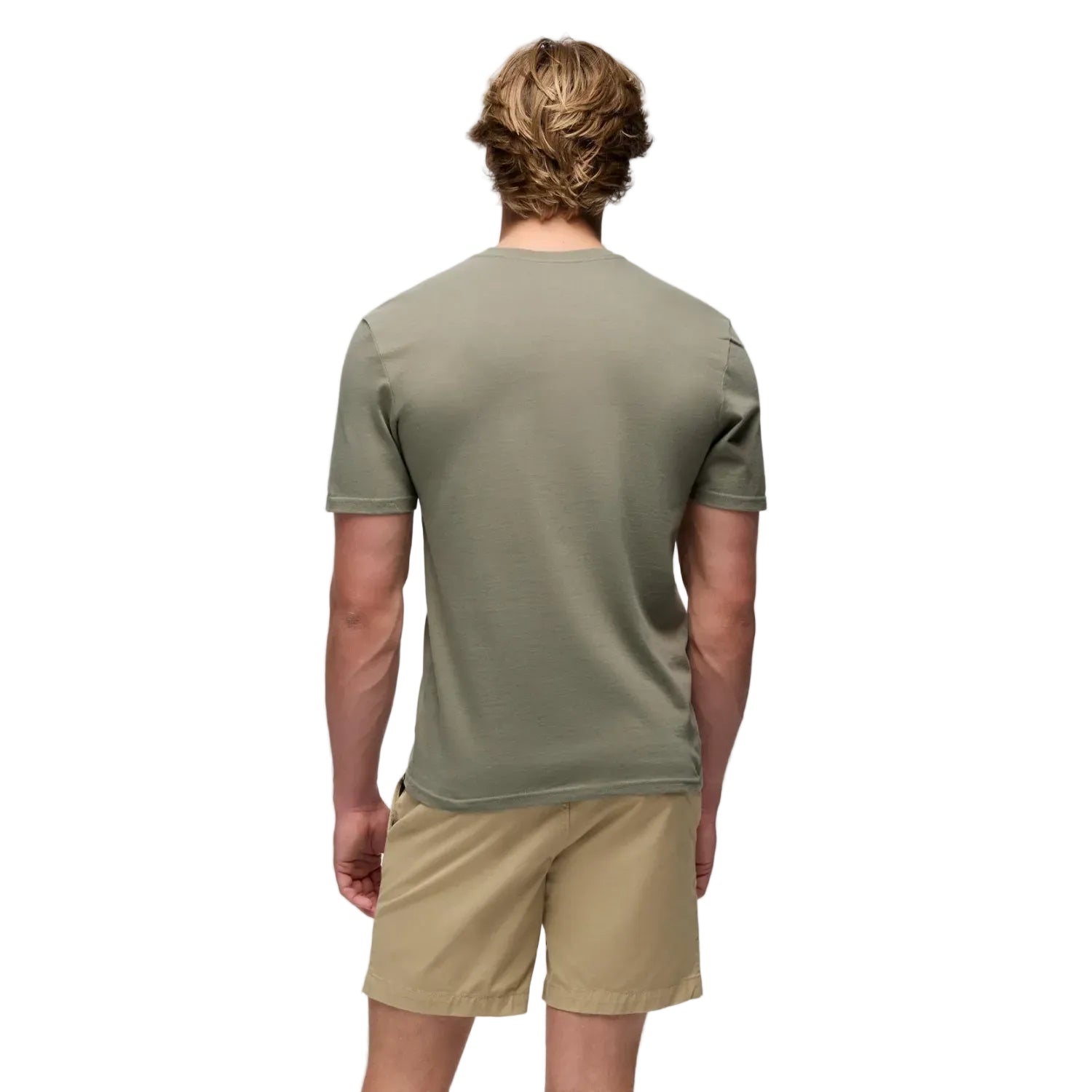 Prana Men's Wise AShort Sleeve Journeyman Short Sleeve Graphic Tee in Sage Wise Ass, back view model 