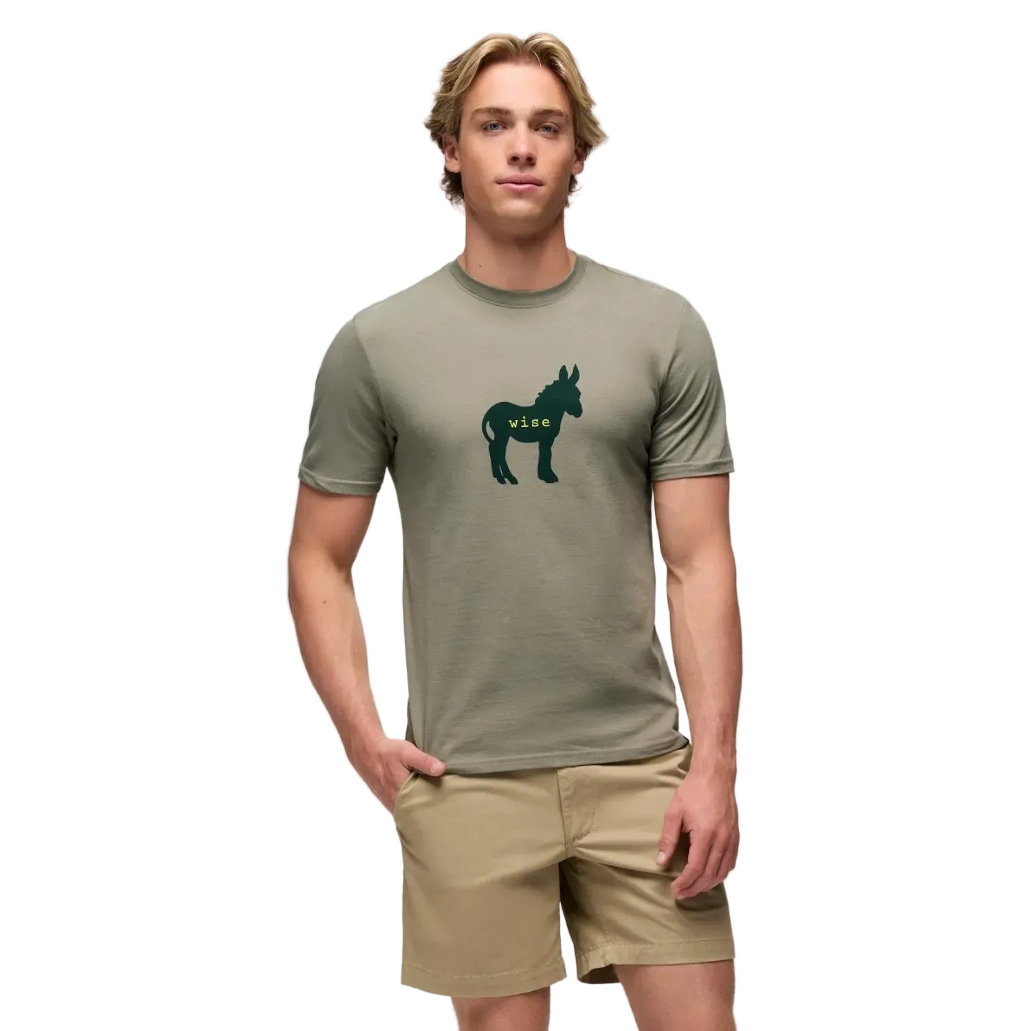 Prana Men's Wise AShort Sleeve Journeyman Short Sleeve Graphic Tee in Sage Wise Ass, front view on model 