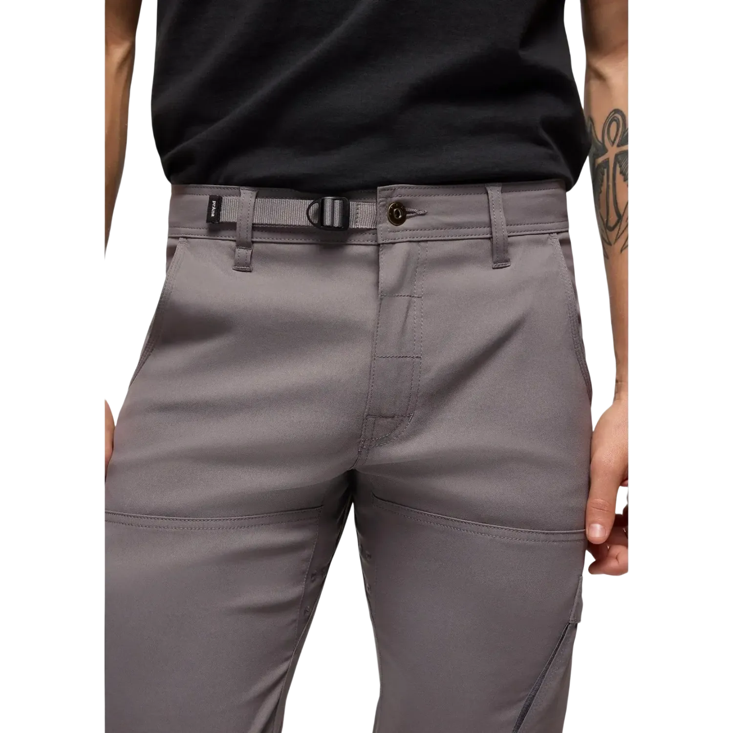 Prana Men's Stretch Zion™ Straight Pant in Pewter, front view on model with view of belt 