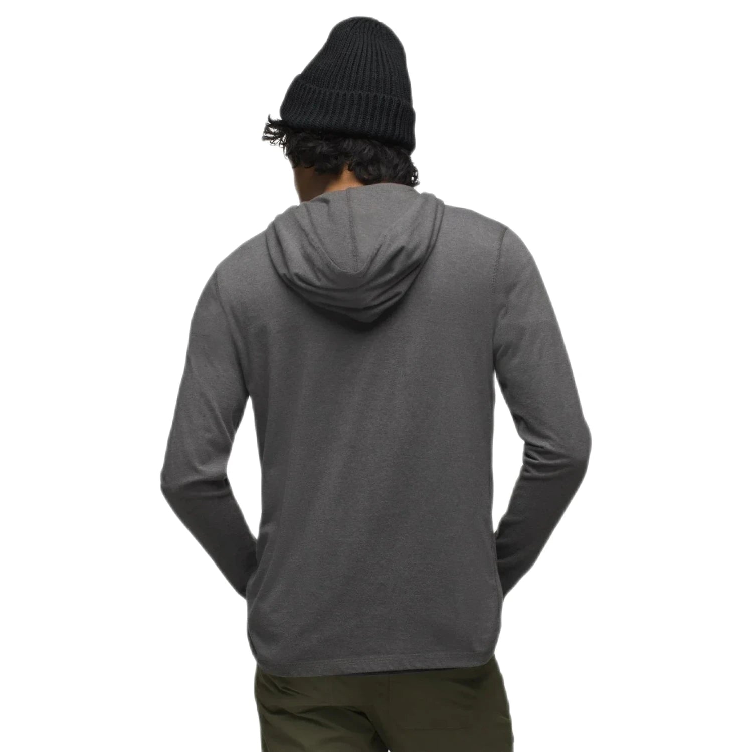 prAna Men's Hooded T-Shirt shown on model in Charcoal Heather color option. Back view.
