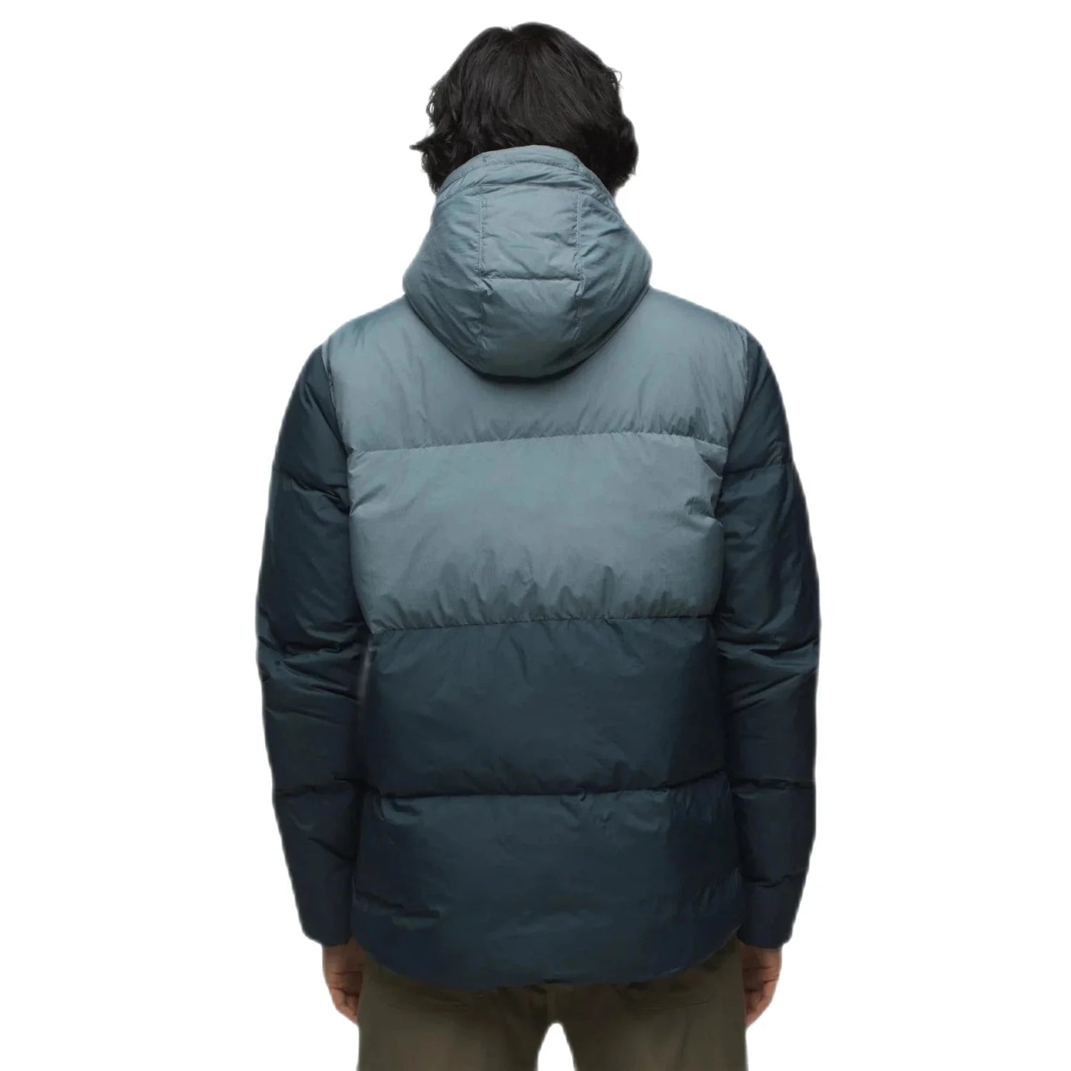 prAna Men's Timber Trail Jacket shown on model in the Weathered Blue Colorblock. Back view.