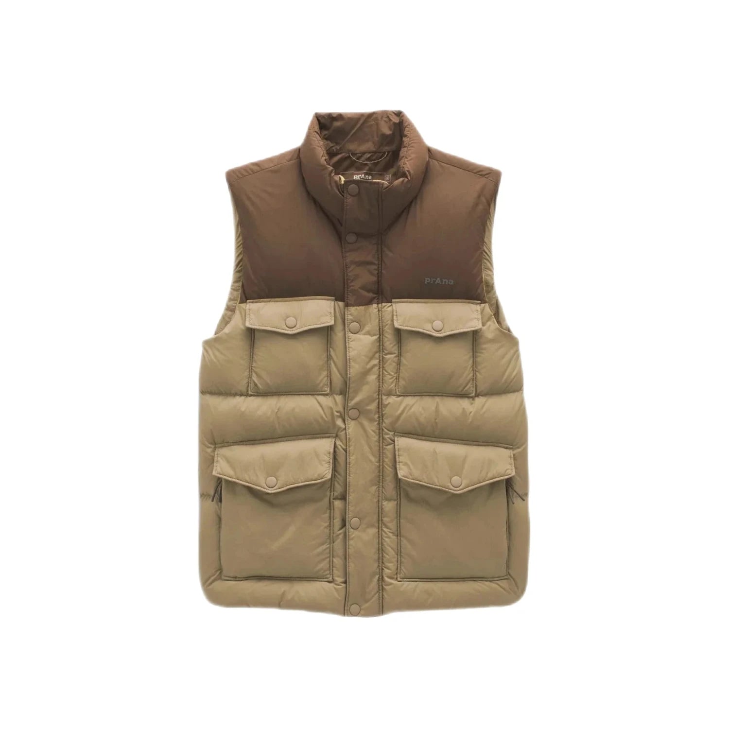 prAna Men's Timber Trail Vest shown in the Shire Colorblock color option. Front view.