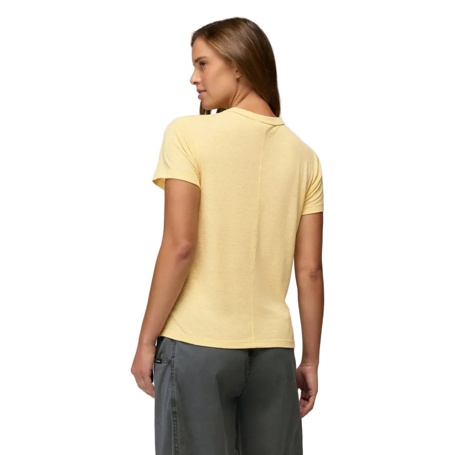 Prana Women's Cozy Up Short Sleeve Crew in Vanilla Bean, back view on model 