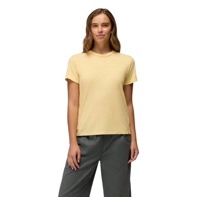 Prana Women's Cozy Up Short Sleeve Crew in Vanilla Bean, front view on model 