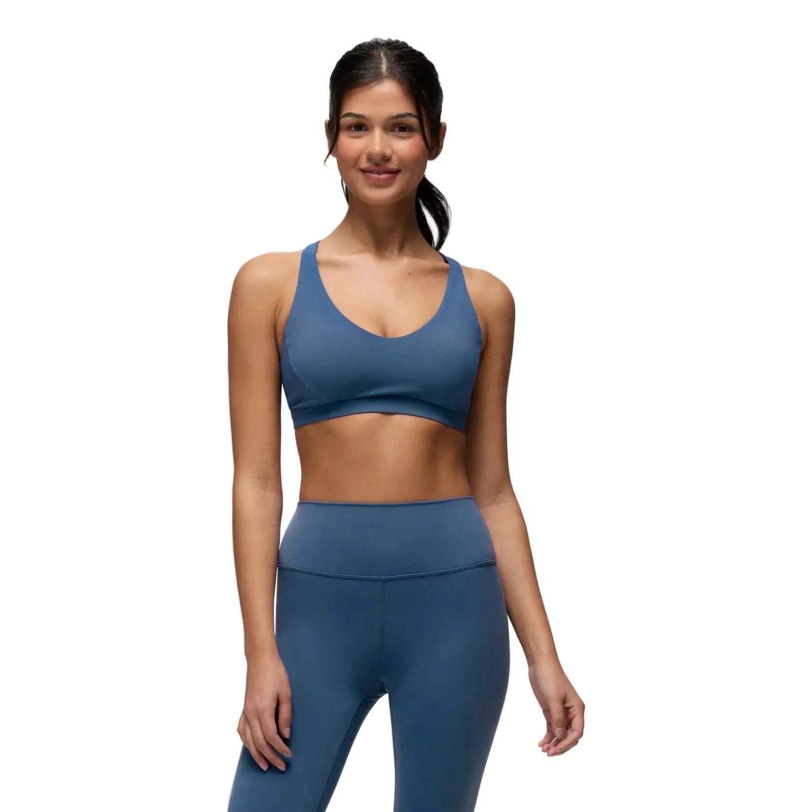 Prana Women's Luxara™ SwiftMove Bra in Bluff, front view on model