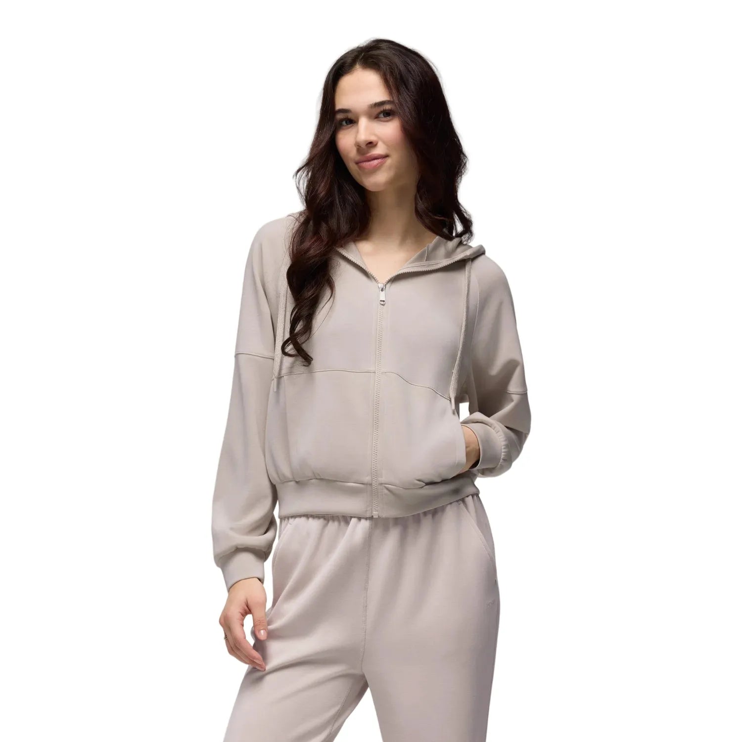 Prana Women's Shea Full Zip in Almond, front view on model 