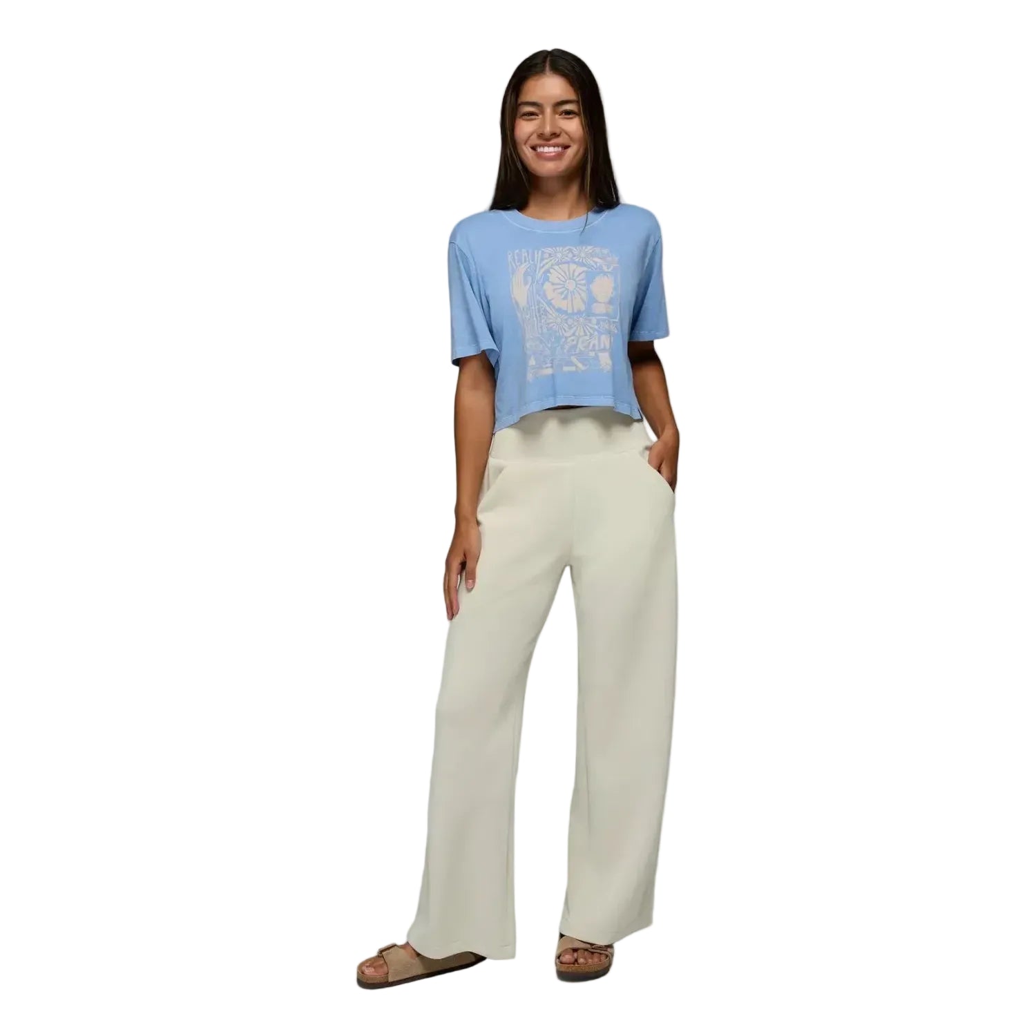 Prana Women's Shea Soft Wide Leg Pant in Almond, front view on model 