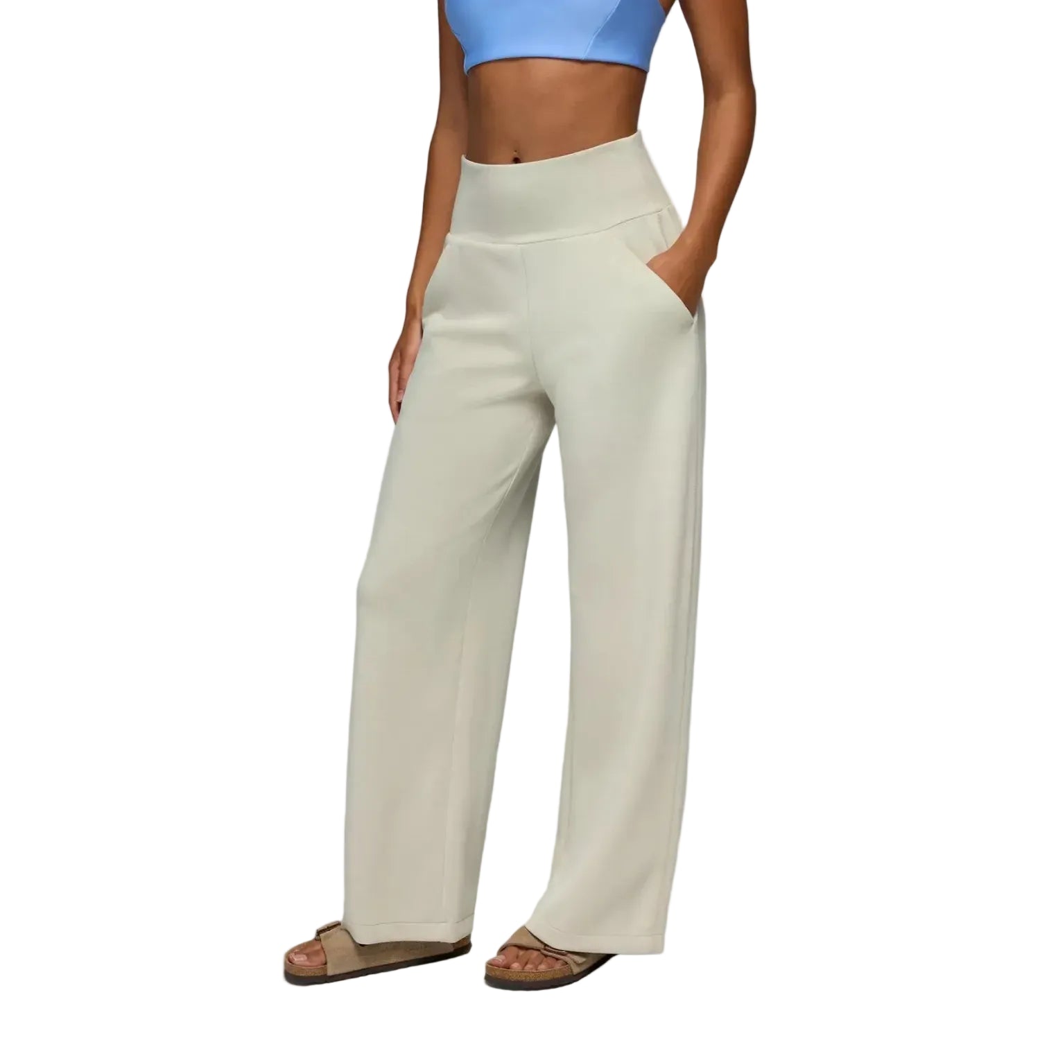 Prana Women's Shea Soft Wide Leg Pant in Almond, front view model 
