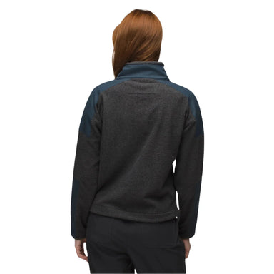 prana women's peak fleece snap up in charcoal stormy night back model view