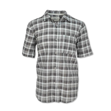 Purnell Men's Seersucker Plaid Shirt shown in the black color option. Frotn view.
