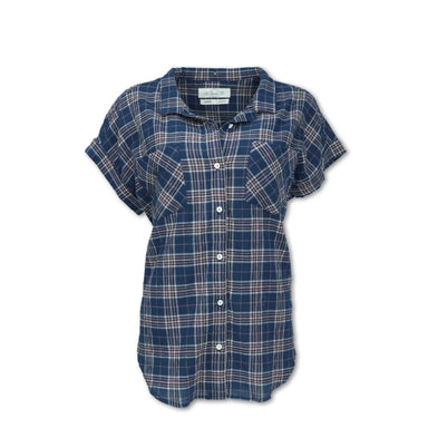 Purnell Women's Drop Shoulder Plaid Shirt shown in the Navy color option.