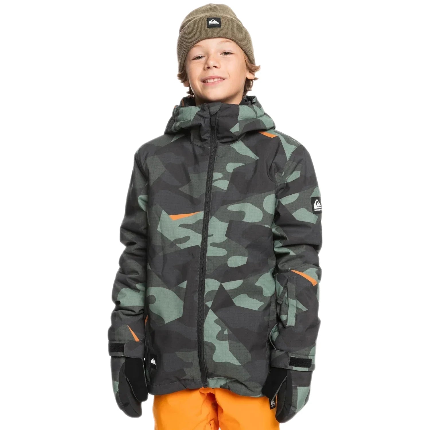 Quiksilver Boy's Mission Printed Jacket in puzzle camo sea spray, on model front