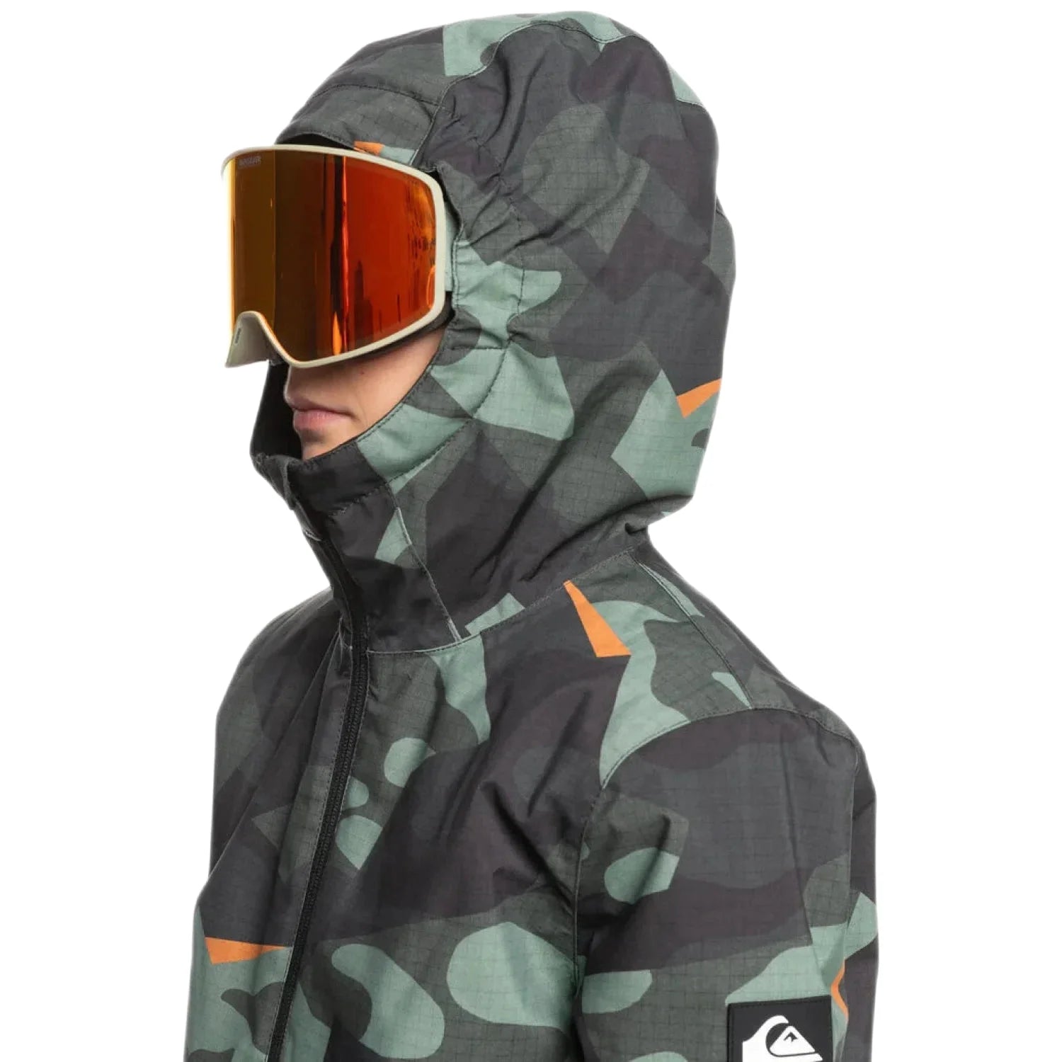 Quiksilver Boy's Mission Printed Jacket in puzzle camo sea spray, on model hood up