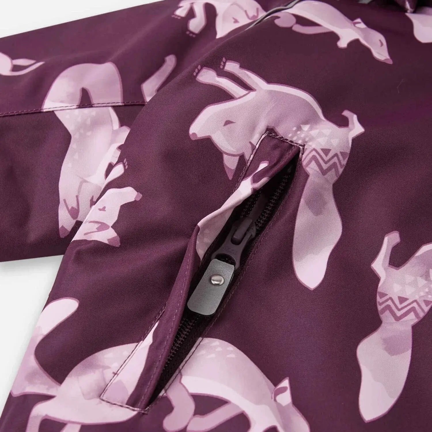Reima Baby Lappi Waterproof Reimatec Snowsuit in deep purple, zippered pocket detail