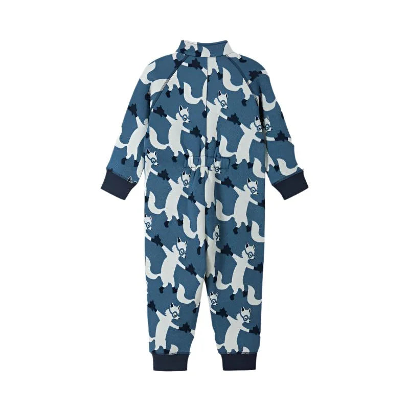 reima baby moisture wicking fleece jumpsuit in blue ocean back flat view