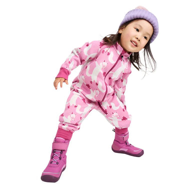 reima baby moisture wicking fleece jumpsuit in mauve pink front model view