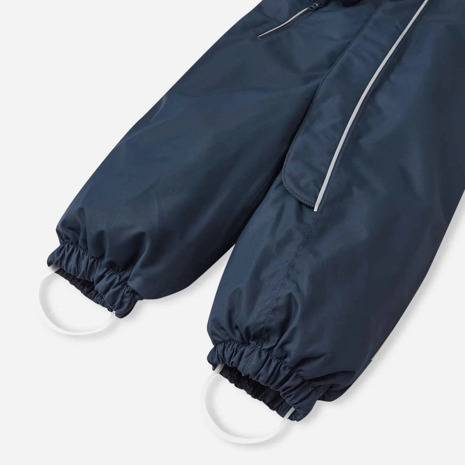 Reima Baby Puhuri Waterproof Snowsuit in navy, front view stirrup detail