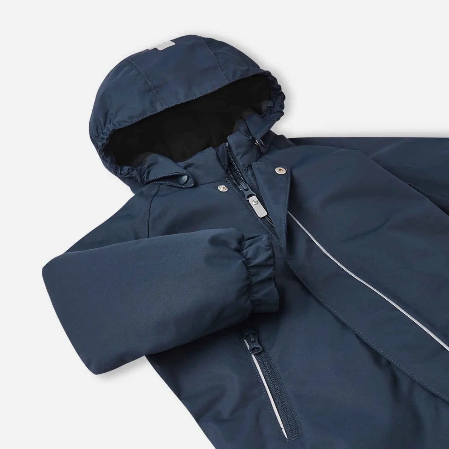 Reima Baby Puhuri Waterproof Snowsuit in navy, front view cuff detail