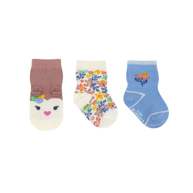 Robeez Baby Bootie Sock 3 Pack in flower owl light blue, front view