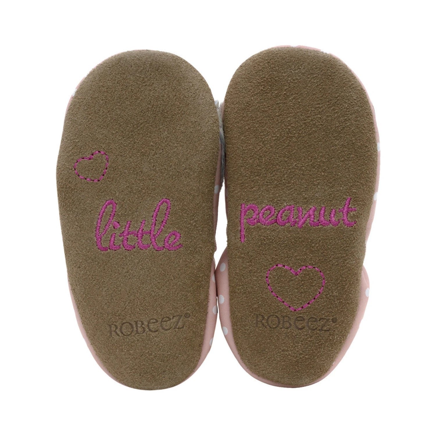 Robeez Little Peanut Soft Soles shown in Pink. Bottom view.