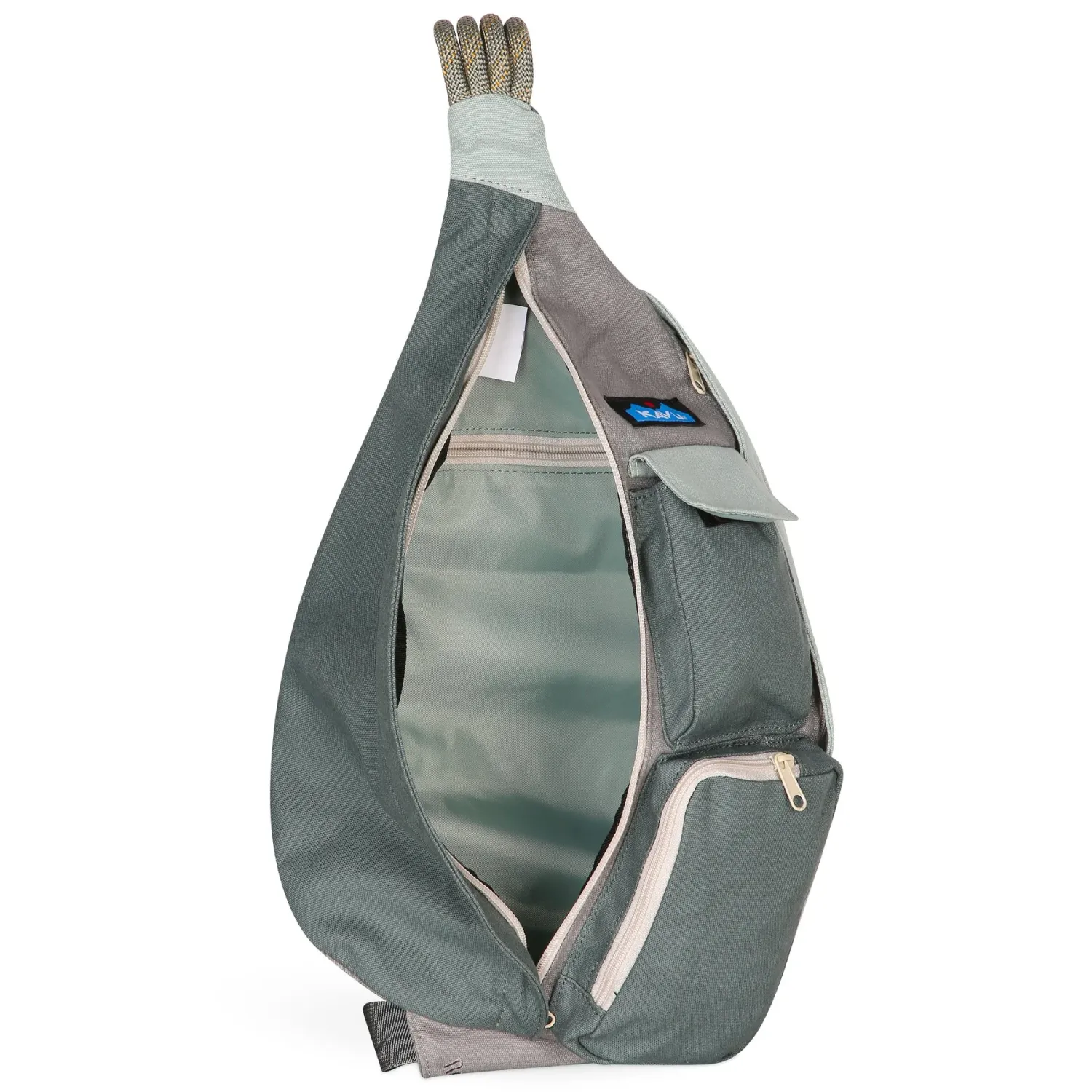 KAVU Rope Bag in alpine lake, front unzipped view