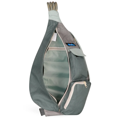 KAVU Rope Bag in alpine lake, front unzipped view