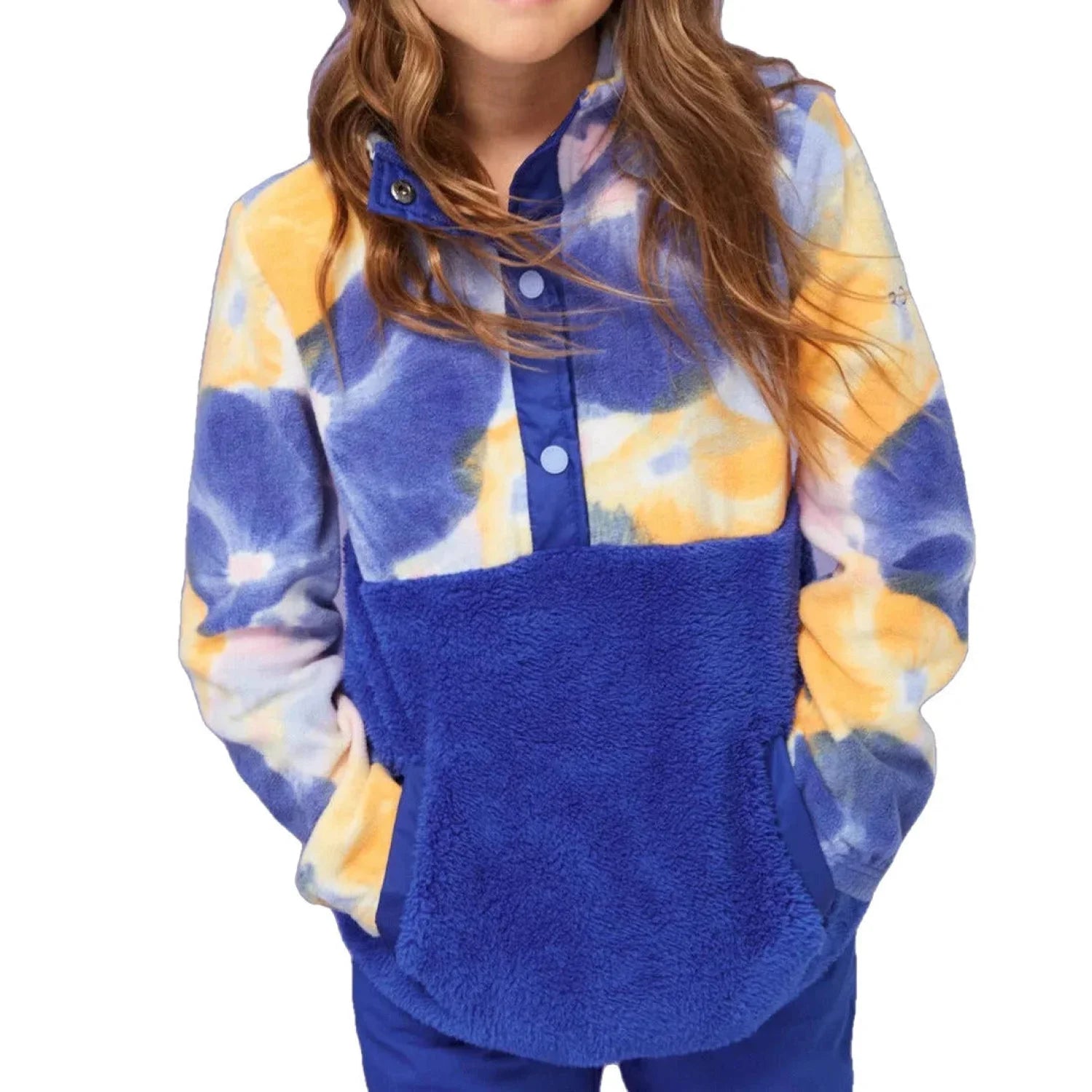 Roxy Girl's Alabama Technical Fleece shown in Bright White Pansy color option. Front view.
