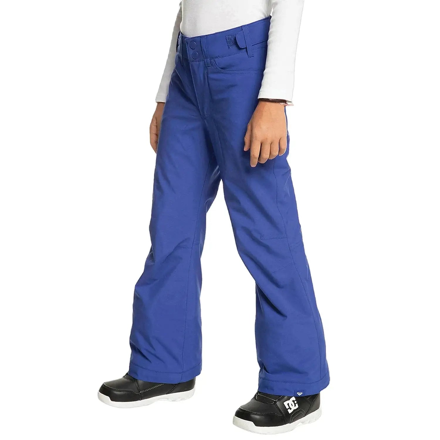 Roxy Girl's Backyard Snowpants shown in the Bluing color option. Side view.
