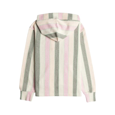 Roxy Girl's Feels Like Summer Striped V-Neck Hoodie shown in the Agave Green Very Vista Stripe color option. Back view.