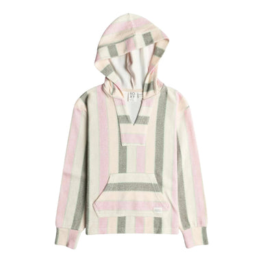 Roxy Girl's Feels Like Summer Striped V-Neck Hoodie shown in the Agave Green Very Vista Stripe color option. Front view.