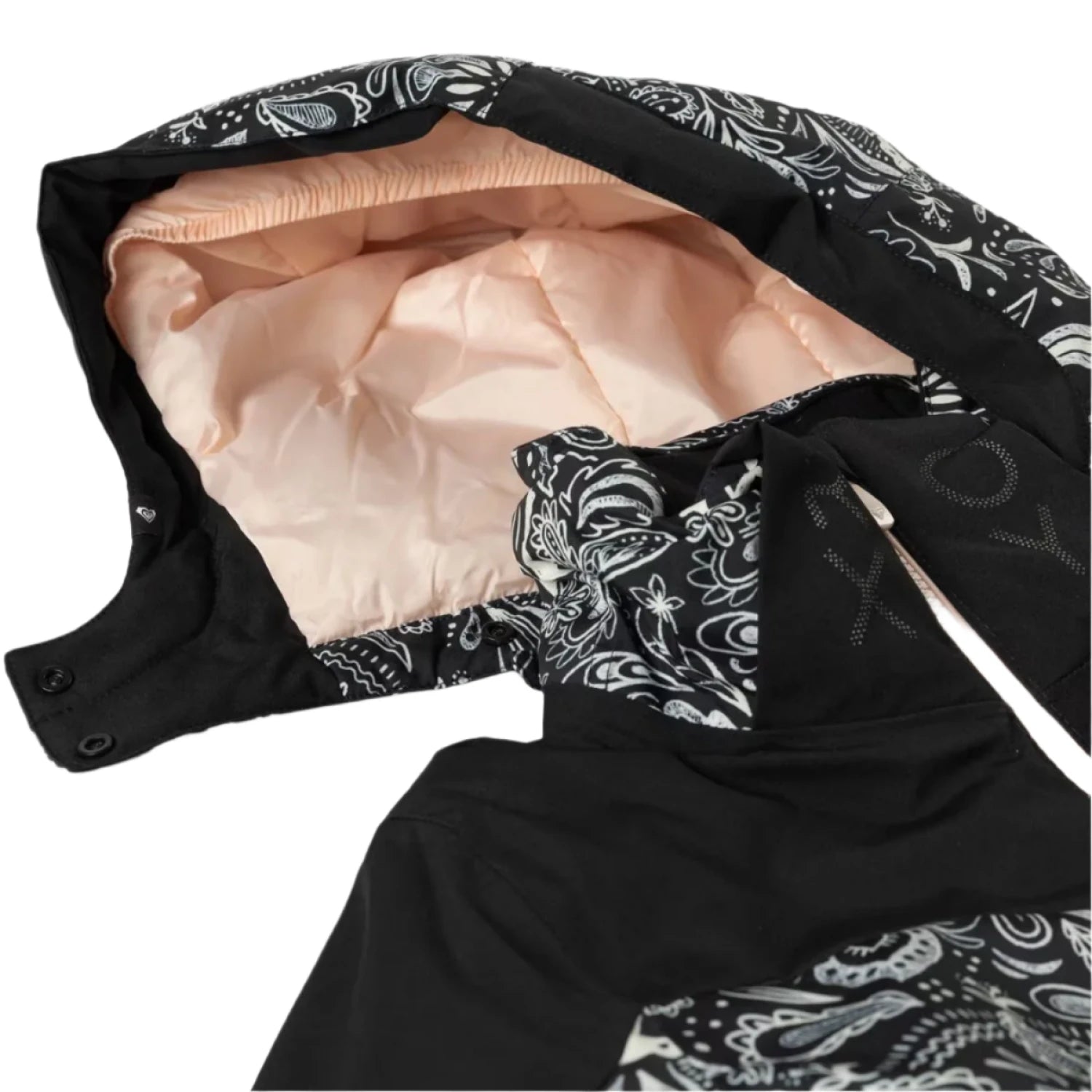 roxy girls free jet block jacket in black front hood details flat view