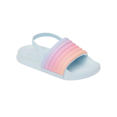 Roxy Kid's Slippy Ribbed Slide Sandals  shown in the Light Blue Color option. Side view.
