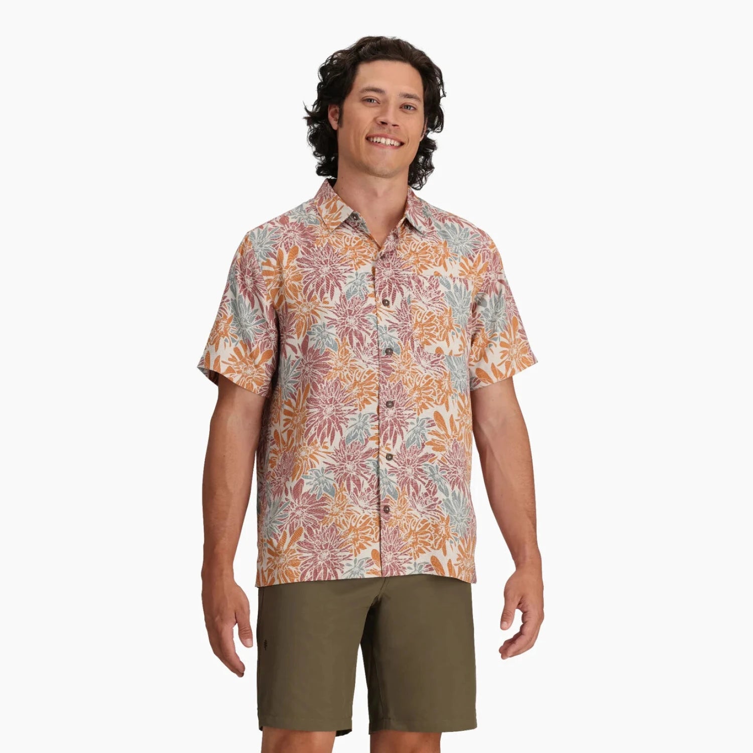Royal Robbins M's Comino Leaf Short Sleeve, Baked Clay Bonsall, front view on model 