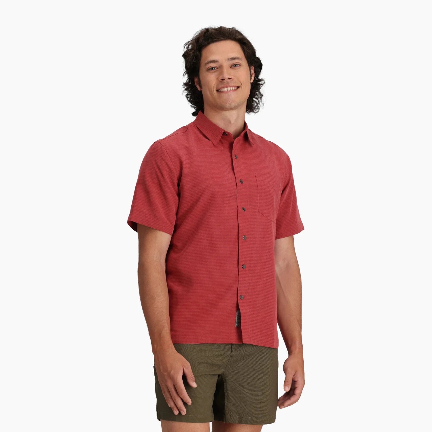 Royal Robbins M's Desert Pucker Dry Short Sleeve, Brick Red, front view on model 