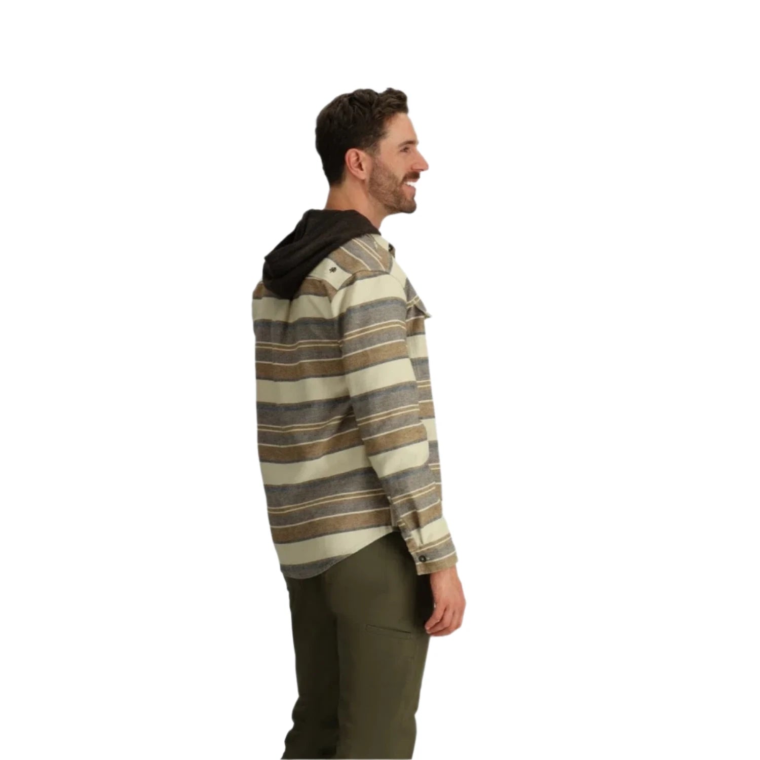 Royal Robbins Men's Clouds Rest Hemp Long Sleeve in khaki stripe, on model back view