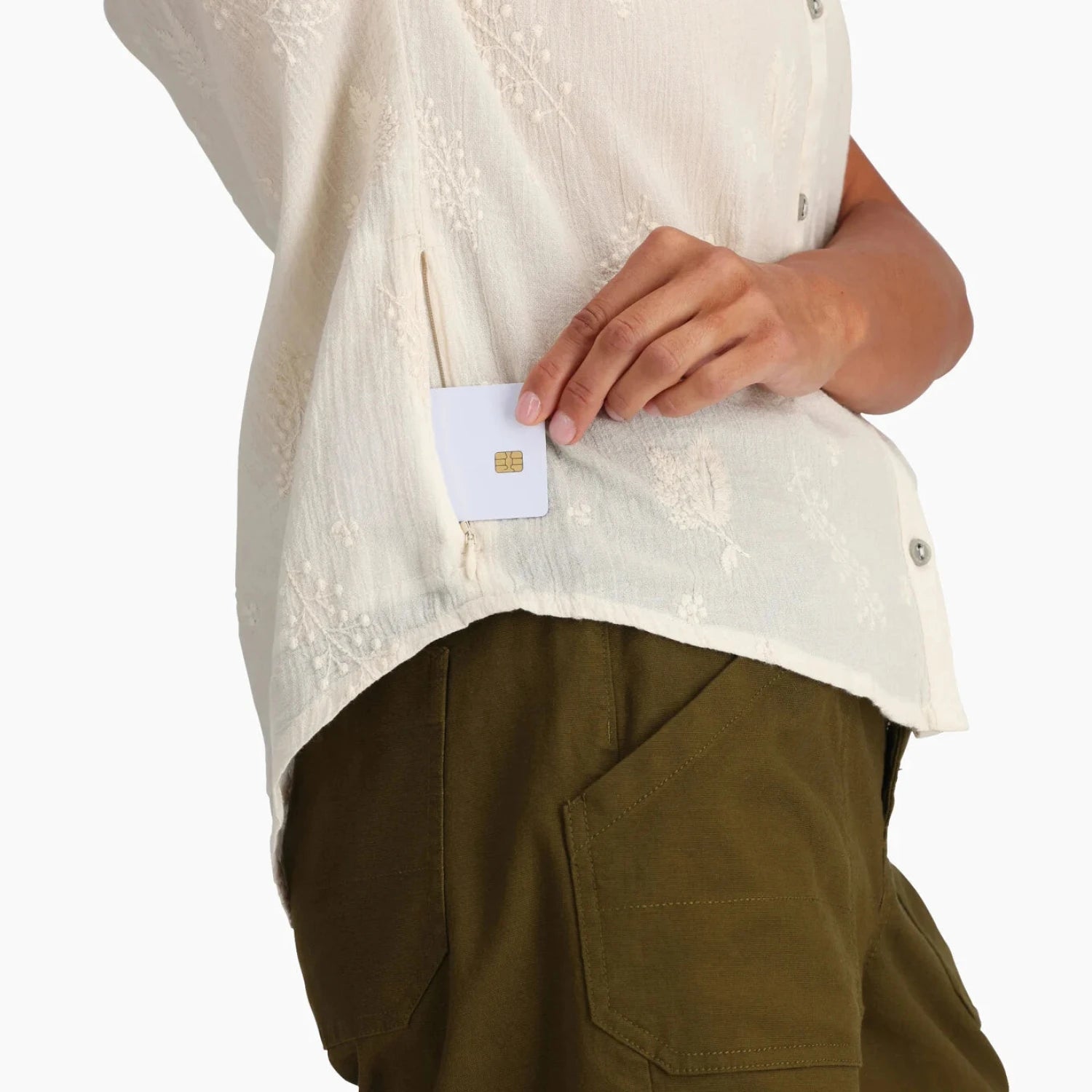 Royal Robbins W's Oasis Short Sleeve, Undyed, side view on model 