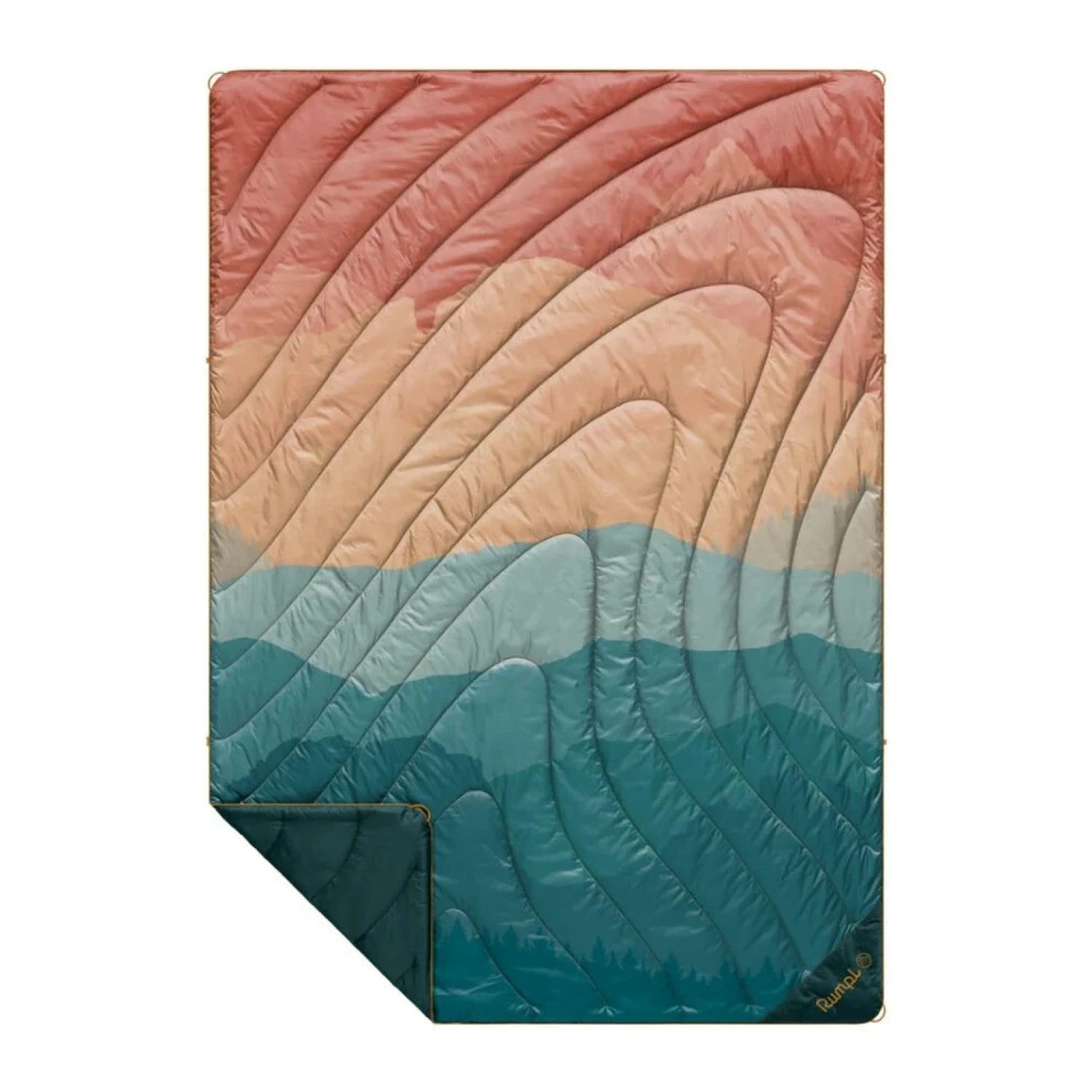 Rumpl Original Puffy Blanket in rocky mountain sunset fade, flat front