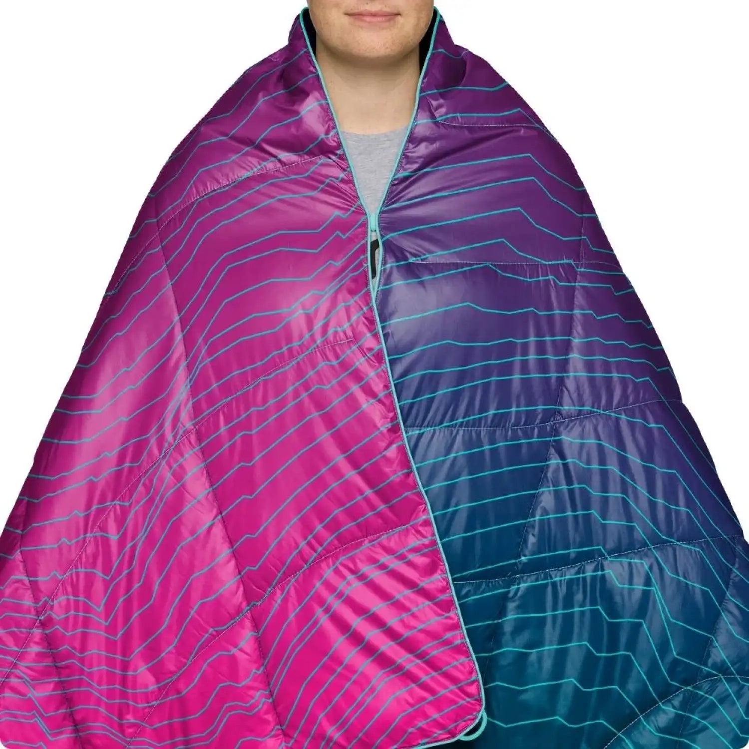 rumpl backcountry puffy blanket in moraine model wrap view