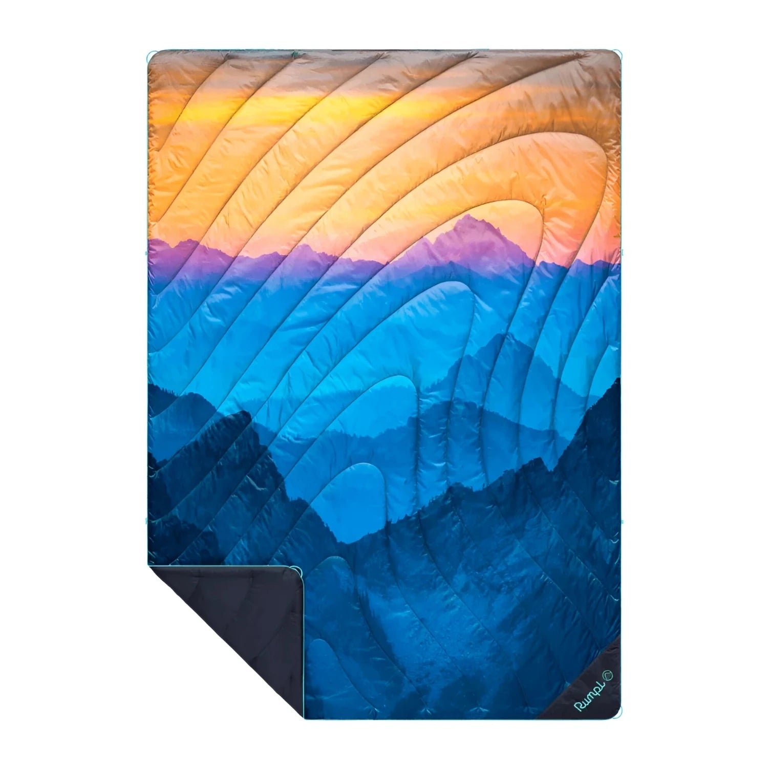 Rumpl Original Puffy Blanket in misty peak mountainside, flat front view