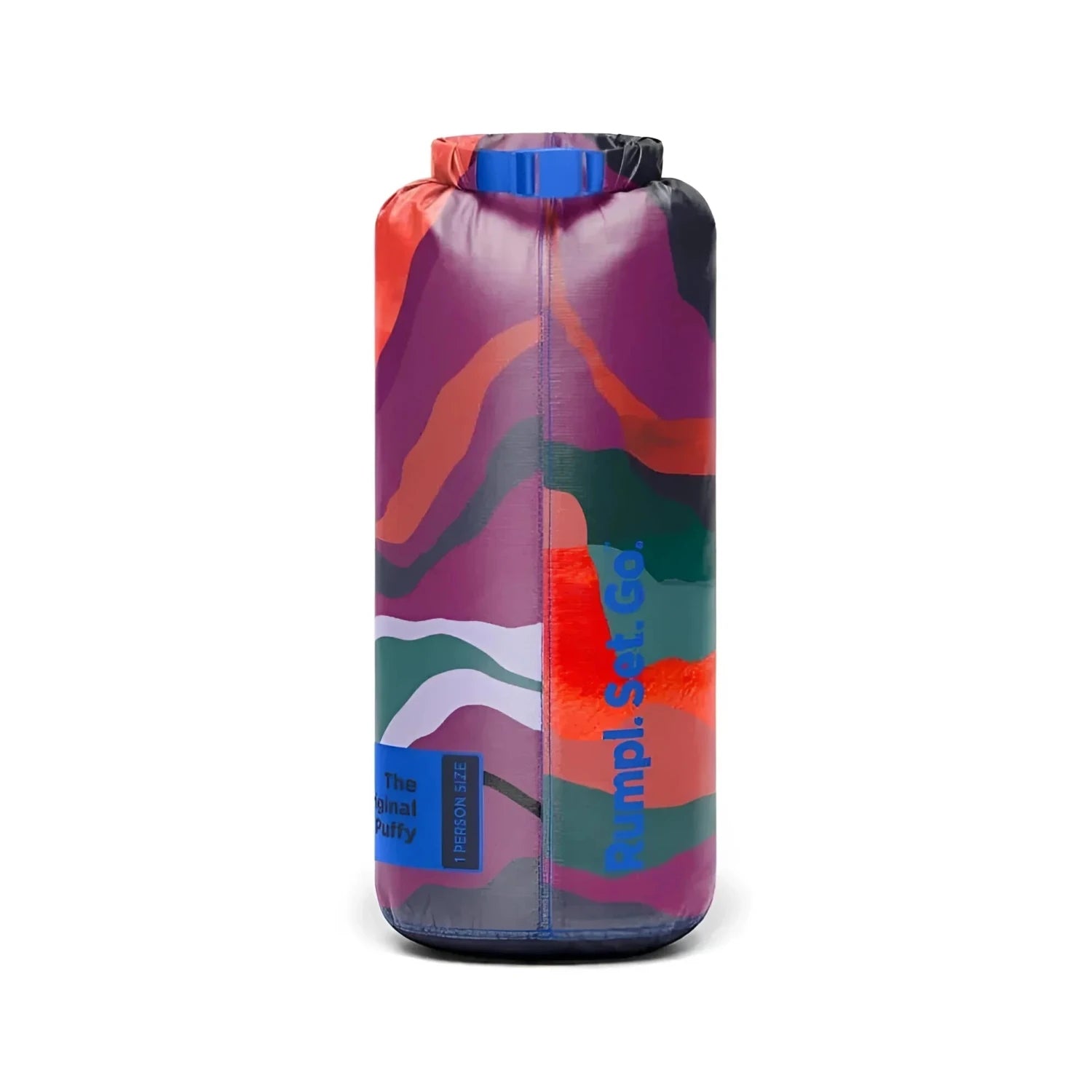 Rumpl Original Puffy Blanket in valley dusk, packed up back view