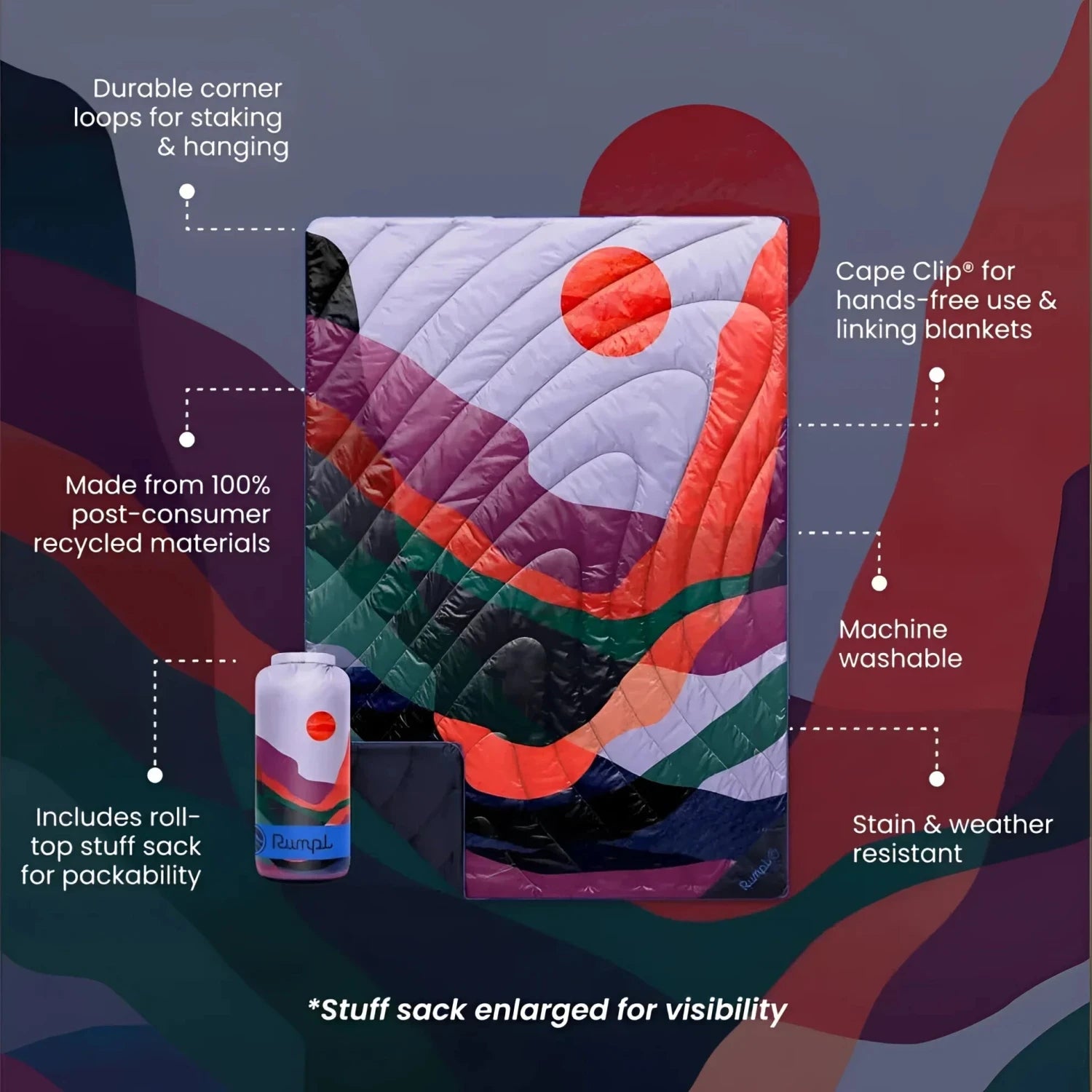 Rumpl Original Puffy Blanket in valley dusk, front view details