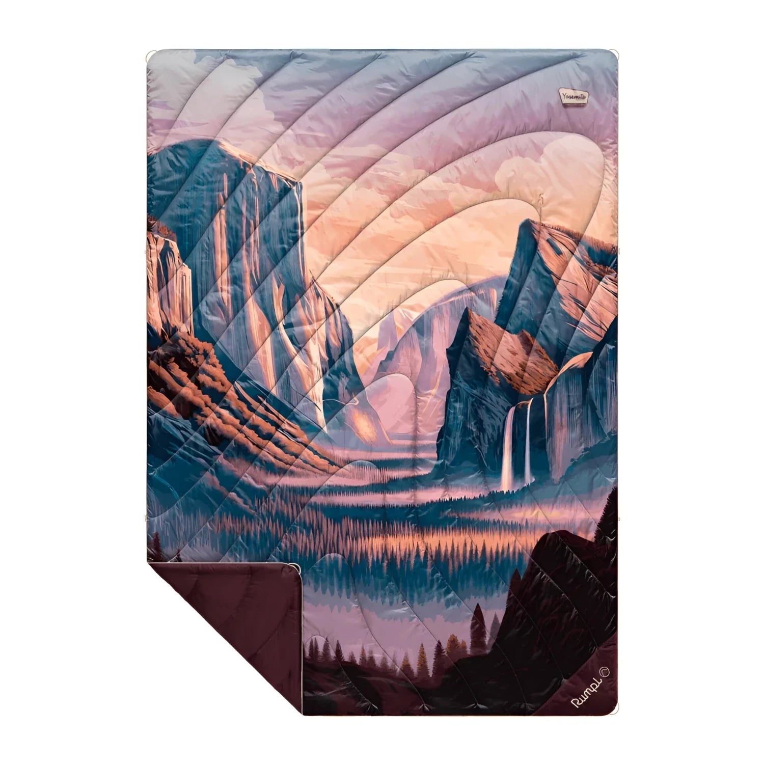 Rumpl Original Puffy Blanket in yosemite dawn national park, flat front view