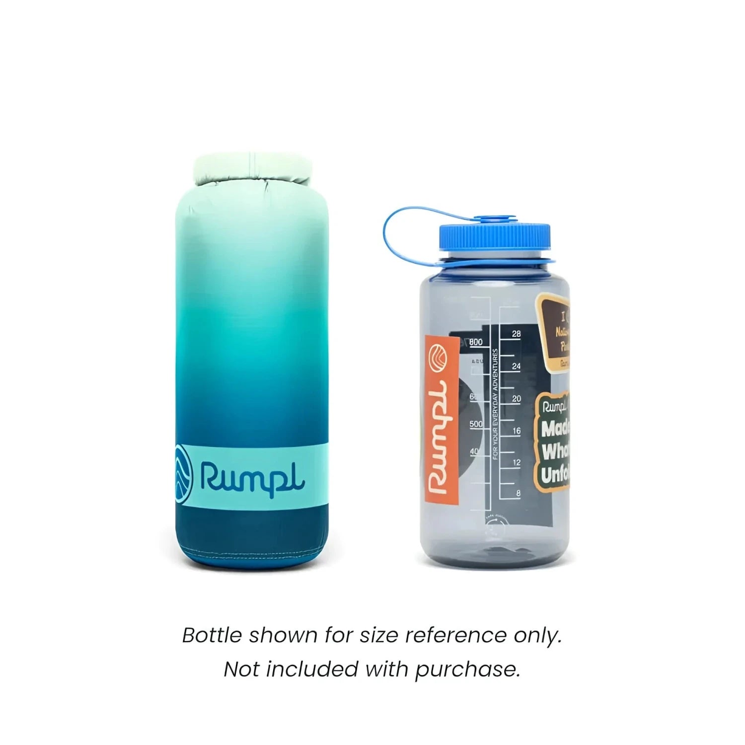 Rumpl Travel Puffy Blanket in deepfoam fade, packed front view next to nalgene